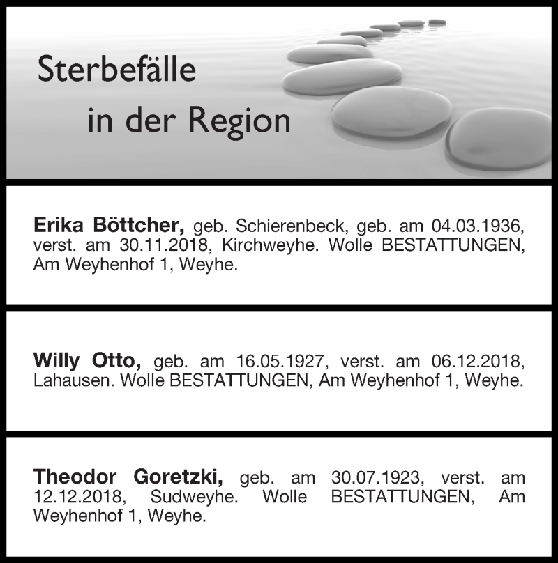 Traueranzeige von Sterbefälle in der Region Ausgabe 15.12.2018 von Regionale Rundschau/Syker Kurier