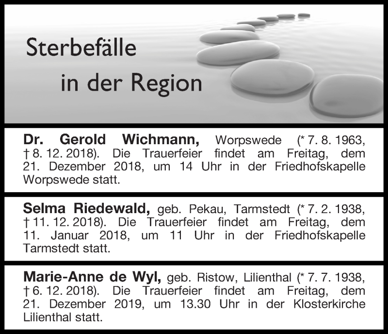 Traueranzeige von Sterbefälle in der Region Ausgabe 17.12.2018 von Osterholzer Kreisblatt