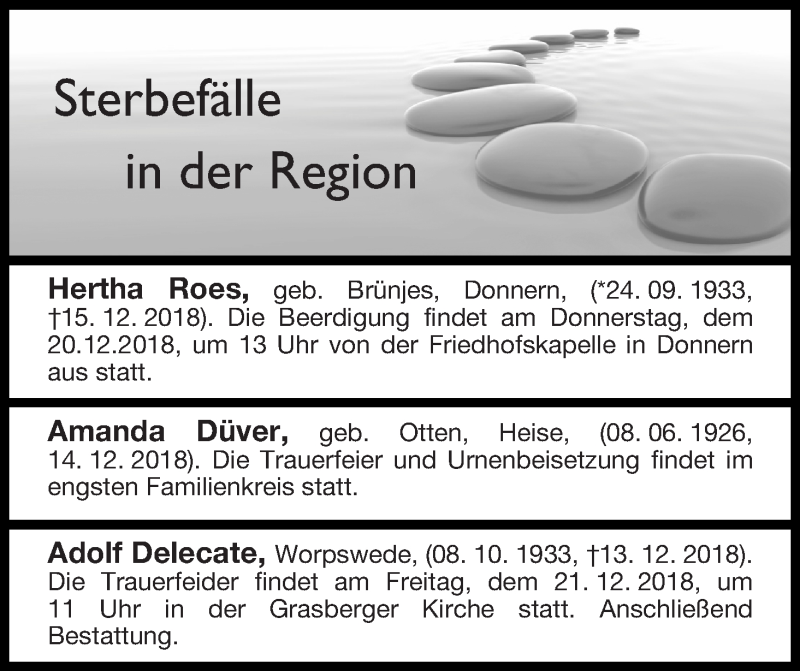 Traueranzeige von Sterbefälle in der Region Ausgabe vom 18.12.2018 von Osterholzer Kreisblatt