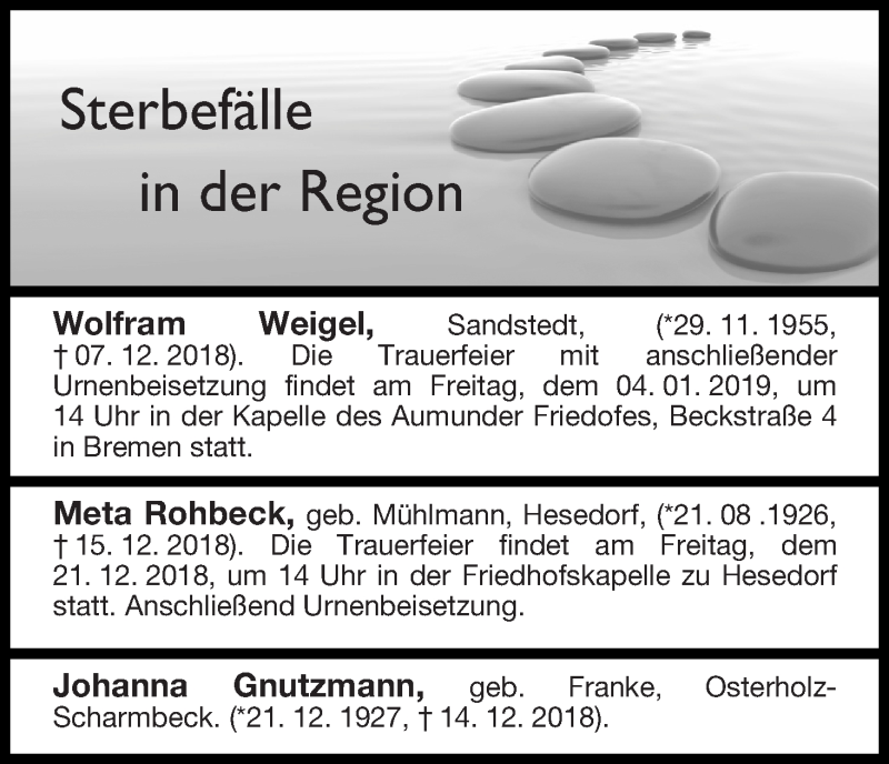 Traueranzeige von Sterbefälle in der Region Ausgabe vomm 19.12.2018 von Osterholzer Kreisblatt