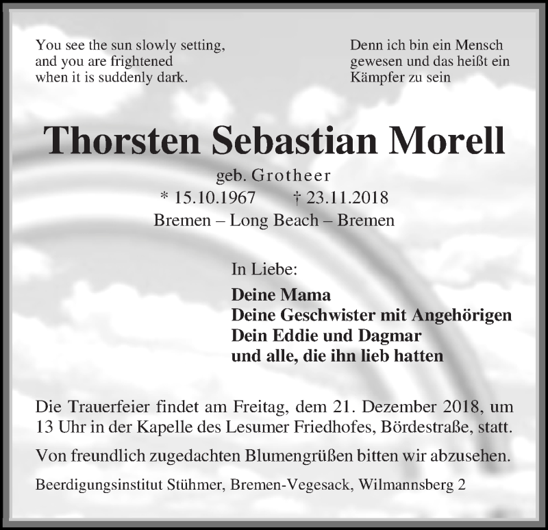  Traueranzeige für Thorsten Sebastian Morell vom 15.12.2018 aus Osterholzer Kreisblatt