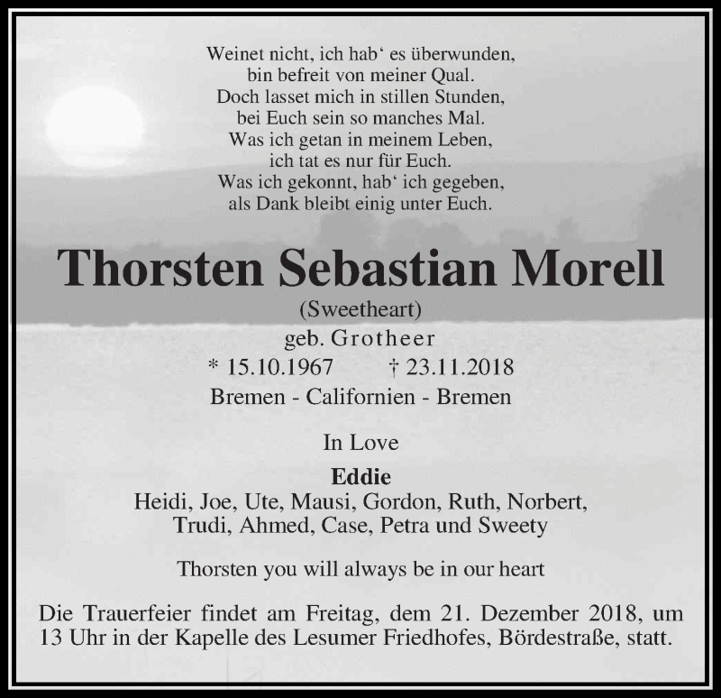 Traueranzeige von Thorsten Sebastian Morell von Die Norddeutsche