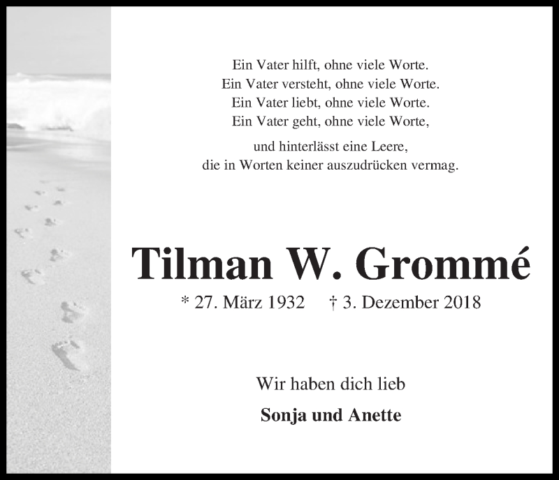 Traueranzeige von Tilman W. Grommé von Wuemme Zeitung
