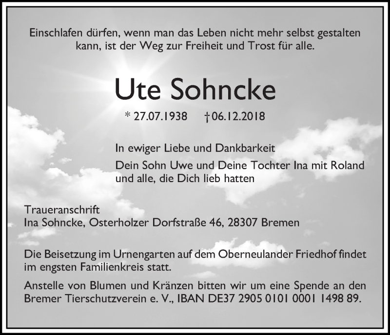  Traueranzeige für Ute Sohncke vom 15.12.2018 aus WESER-KURIER