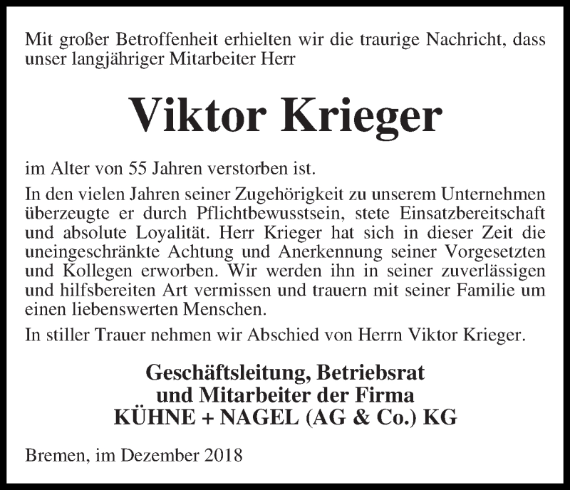 Traueranzeige von Viktor Krieger von WESER-KURIER