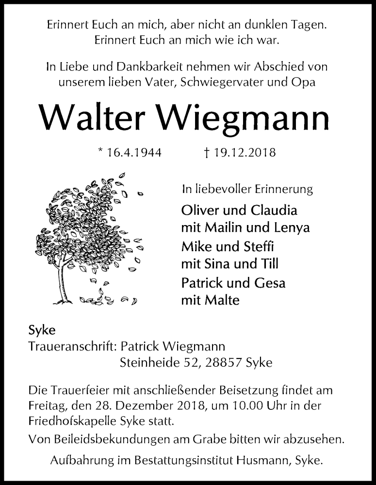 Traueranzeige von Walter Wiegmann von WESER-KURIER
