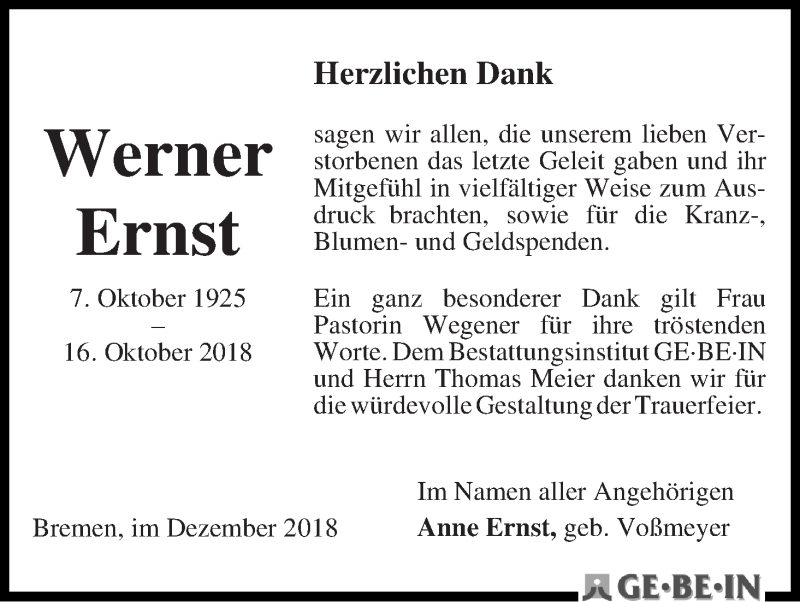  Traueranzeige für Werner Ernst vom 01.12.2018 aus WESER-KURIER