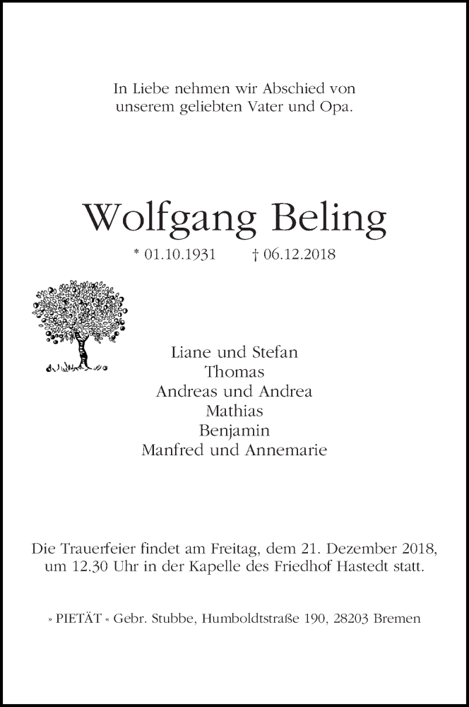  Traueranzeige für Wolfgang Beling vom 15.12.2018 aus WESER-KURIER