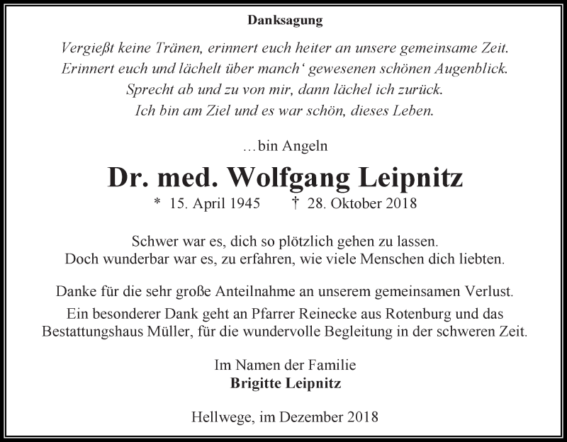  Traueranzeige für Wolfgang Leipnitz vom 15.12.2018 aus WESER-KURIER