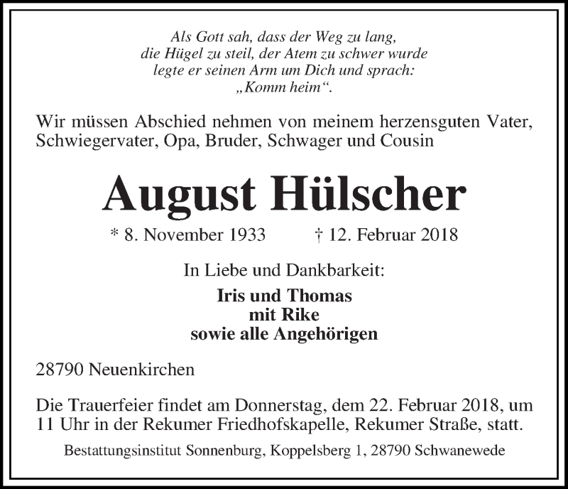 Traueranzeige von August Hülscher von Die Norddeutsche