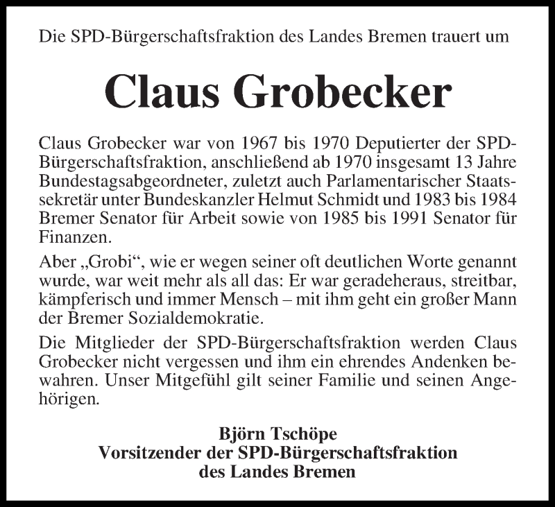  Traueranzeige für Claus Grobecker vom 13.02.2018 aus WESER-KURIER
