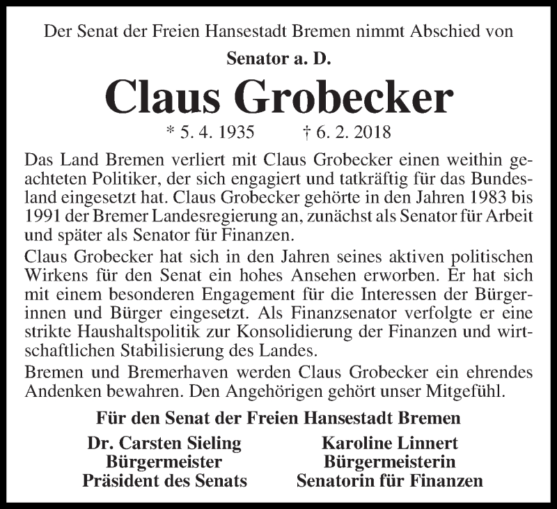  Traueranzeige für Claus Grobecker vom 13.02.2018 aus WESER-KURIER