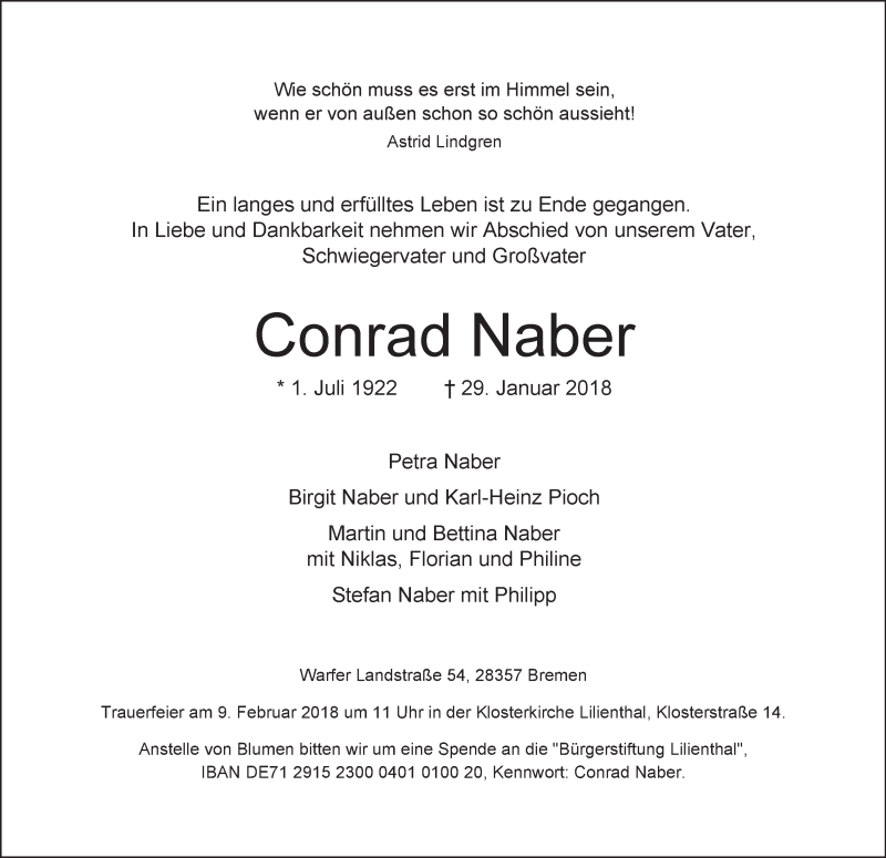  Traueranzeige für Conrad Naber vom 03.02.2018 aus Wuemme Zeitung