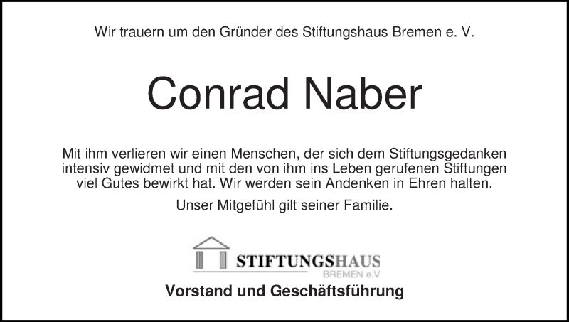  Traueranzeige für Conrad Naber vom 03.02.2018 aus WESER-KURIER