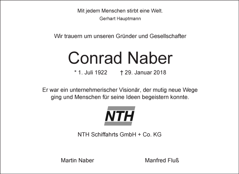 Traueranzeige für Conrad Naber vom 03.02.2018 aus Wuemme Zeitung