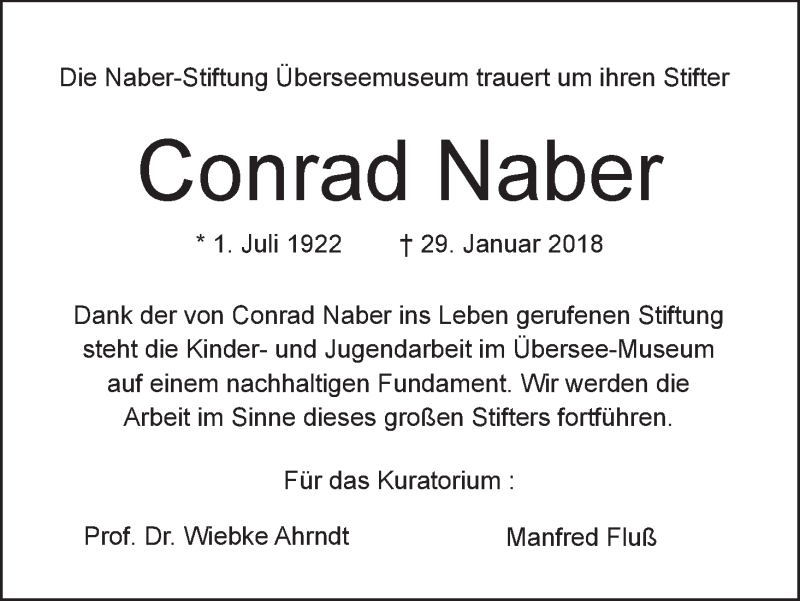  Traueranzeige für Conrad Naber vom 03.02.2018 aus WESER-KURIER