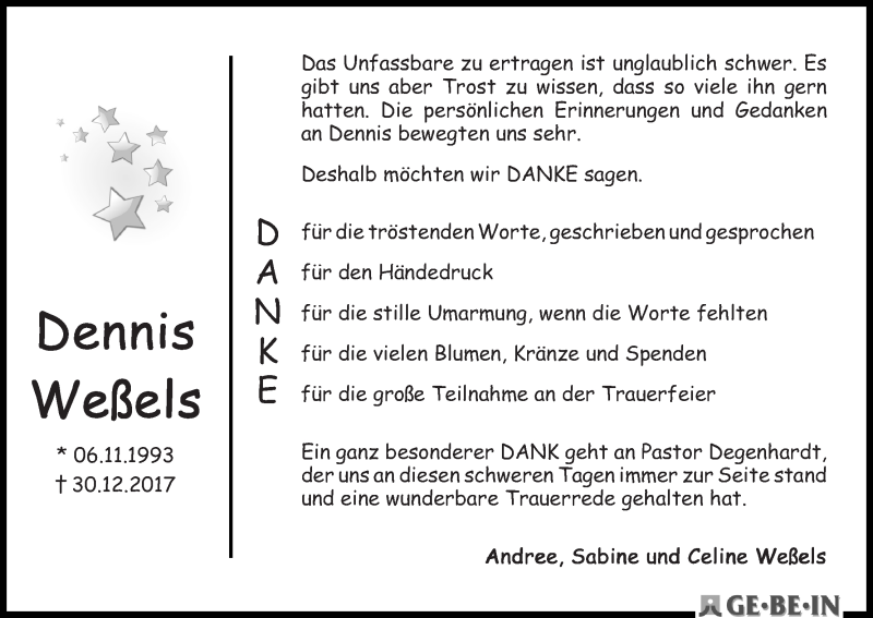  Traueranzeige für Dennis Weßels vom 03.02.2018 aus WESER-KURIER