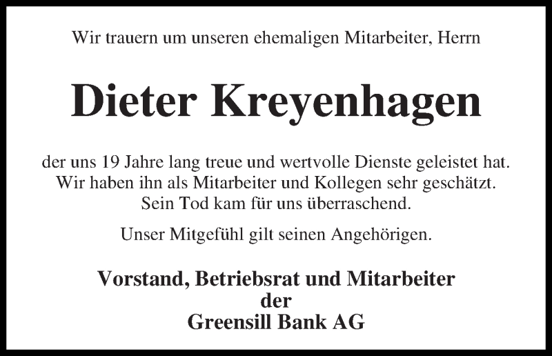  Traueranzeige für Dieter Kreyenhagen vom 27.02.2018 aus WESER-KURIER