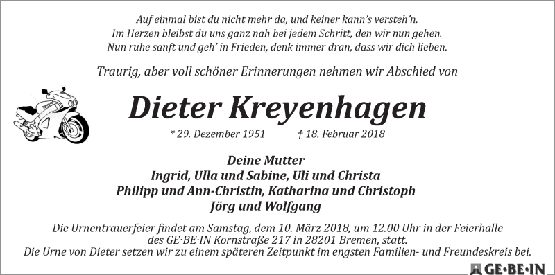  Traueranzeige für Dieter Kreyenhagen vom 24.02.2018 aus WESER-KURIER