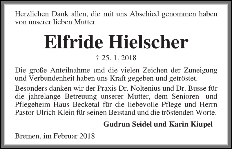  Traueranzeige für Elfride Hielscher vom 10.02.2018 aus Die Norddeutsche