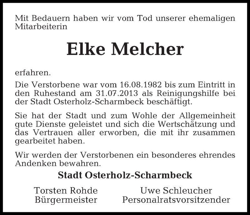  Traueranzeige für Elke Melcher vom 27.02.2018 aus Osterholzer Kreisblatt