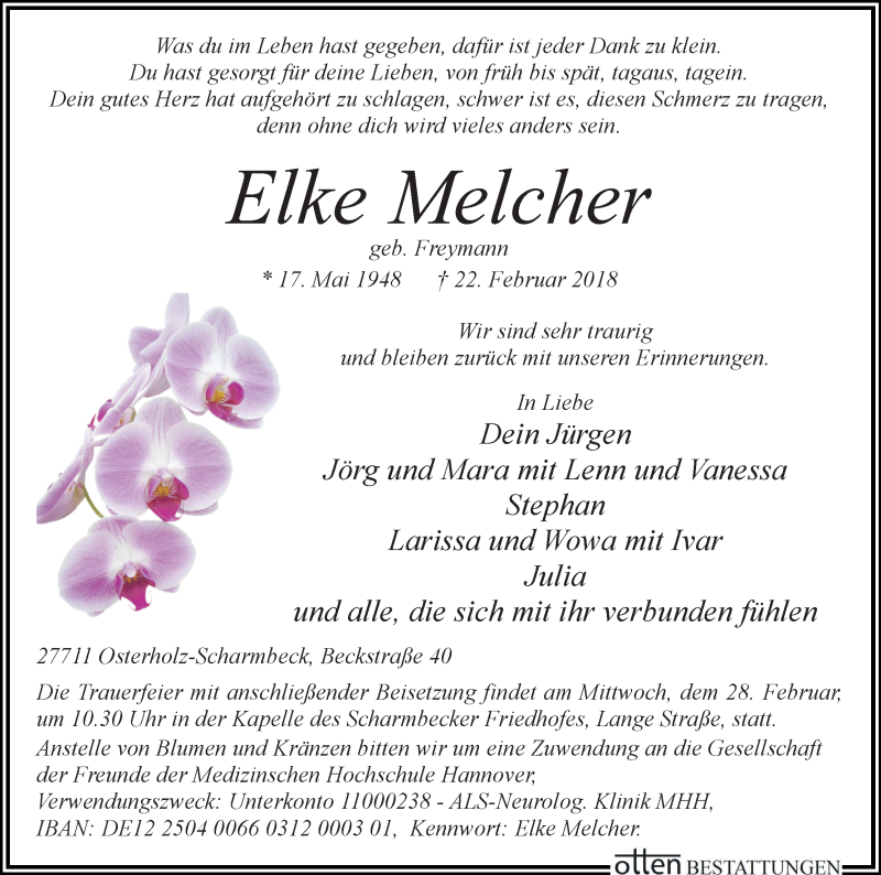  Traueranzeige für Elke Melcher vom 24.02.2018 aus Osterholzer Kreisblatt