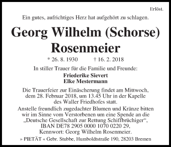 Traueranzeige von Georg Wilhelm Rosenmeier