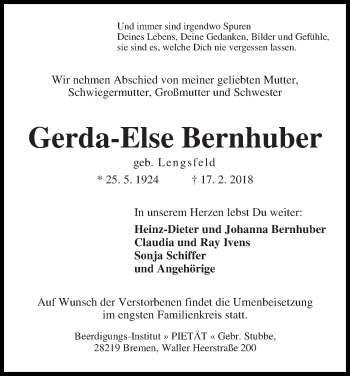 Traueranzeige von Gerda-Else Bernhuber