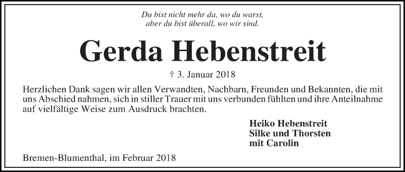  Traueranzeige für Gerda Hebenstreit vom 03.02.2018 aus Die Norddeutsche