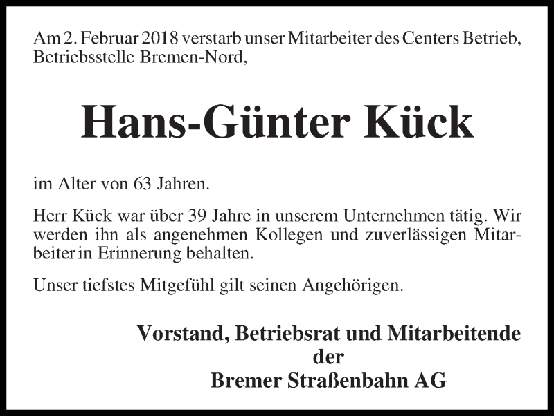  Traueranzeige für Hans-Günter Kück vom 24.02.2018 aus WESER-KURIER