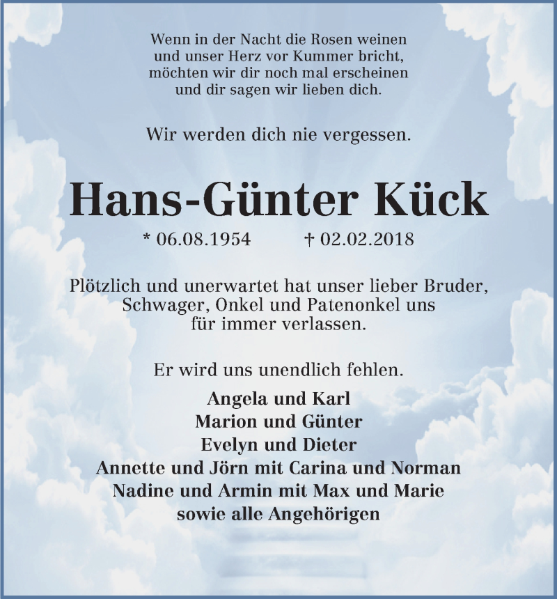  Traueranzeige für Hans-Günter Kück vom 24.02.2018 aus Die Norddeutsche