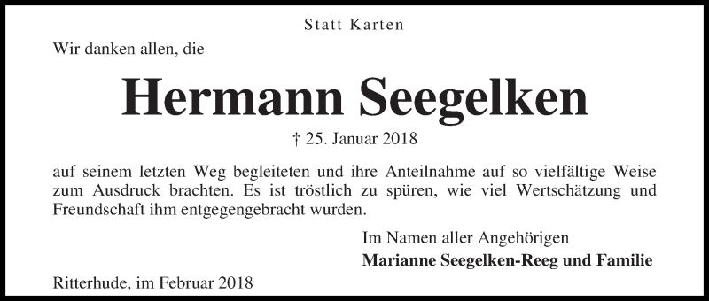  Traueranzeige für Hermann Seegelken vom 24.02.2018 aus Osterholzer Kreisblatt