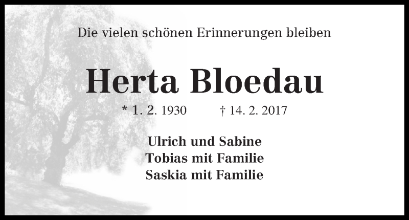 Traueranzeige von Herta Bloedau von Osterholzer Kreisblatt