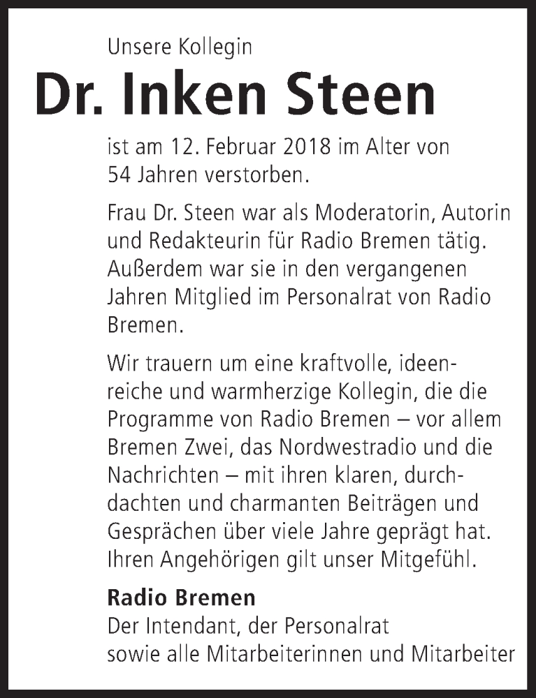  Traueranzeige für Inken Steen vom 17.02.2018 aus WESER-KURIER