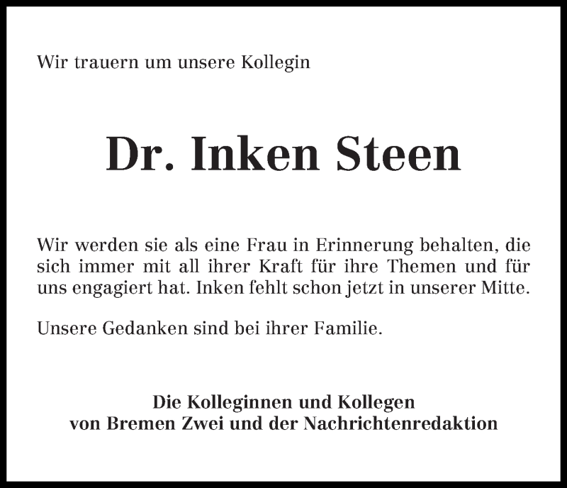  Traueranzeige für Inken Steen vom 17.02.2018 aus WESER-KURIER
