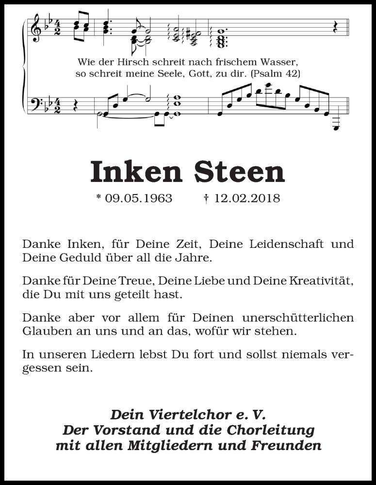  Traueranzeige für Inken Steen vom 19.02.2018 aus WESER-KURIER