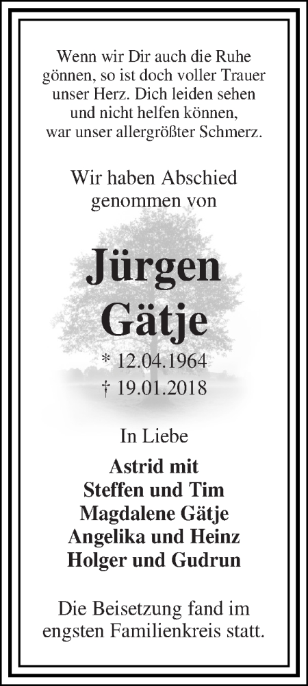  Traueranzeige für Jürgen Gätje vom 03.02.2018 aus WESER-KURIER