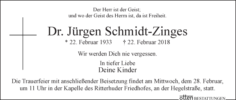  Traueranzeige für Jürgen Schmidt-Zinges vom 27.02.2018 aus Osterholzer Kreisblatt