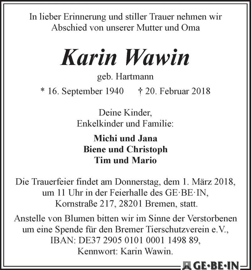  Traueranzeige für Karin Wawin vom 27.02.2018 aus WESER-KURIER