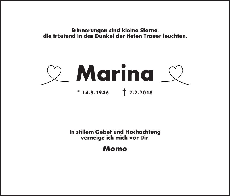  Traueranzeige für Marina Zernikow vom 24.02.2018 aus WESER-KURIER