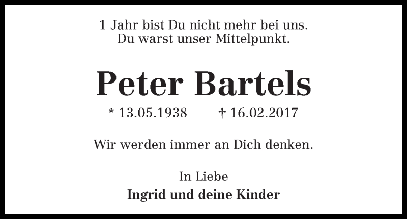  Traueranzeige für Peter Bartels vom 16.02.2018 aus WESER-KURIER