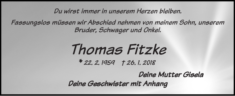  Traueranzeige für Thomas Fitzke vom 17.02.2018 aus WESER-KURIER