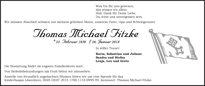  Traueranzeige für Thomas Michael Fitzke vom 10.02.2018 aus WESER-KURIER