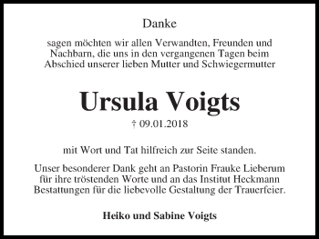 Traueranzeige von Ursula Voigts