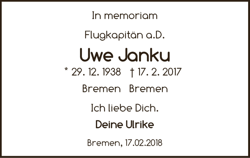 Traueranzeige von Uwe Janku von WESER-KURIER