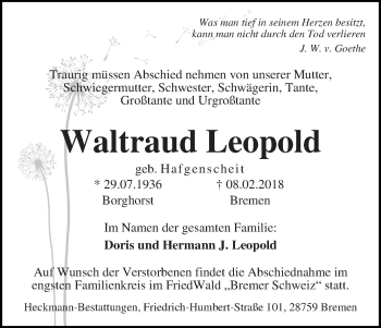 Traueranzeige von Waltraud Leopold