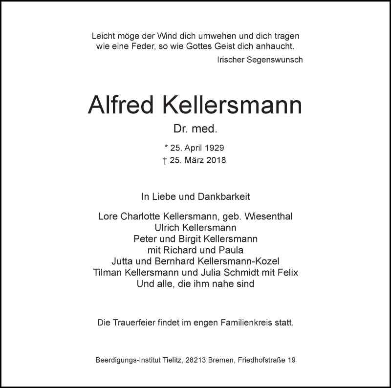Traueranzeige von Alfred Kellersmann von WESER-KURIER