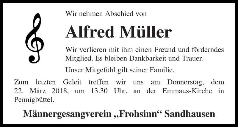  Traueranzeige für Alfred Müller vom 19.03.2018 aus Osterholzer Kreisblatt