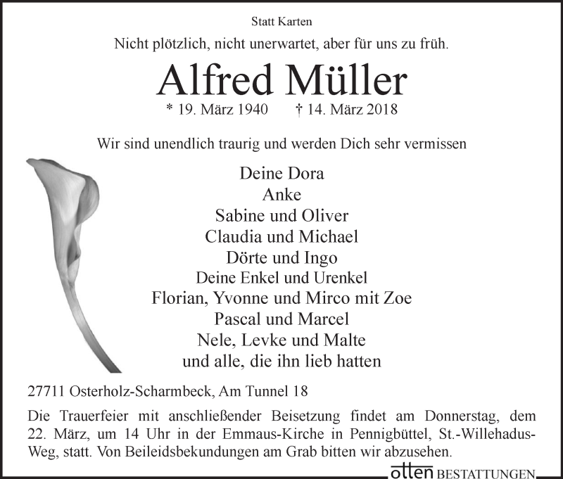  Traueranzeige für Alfred Müller vom 17.03.2018 aus Osterholzer Kreisblatt
