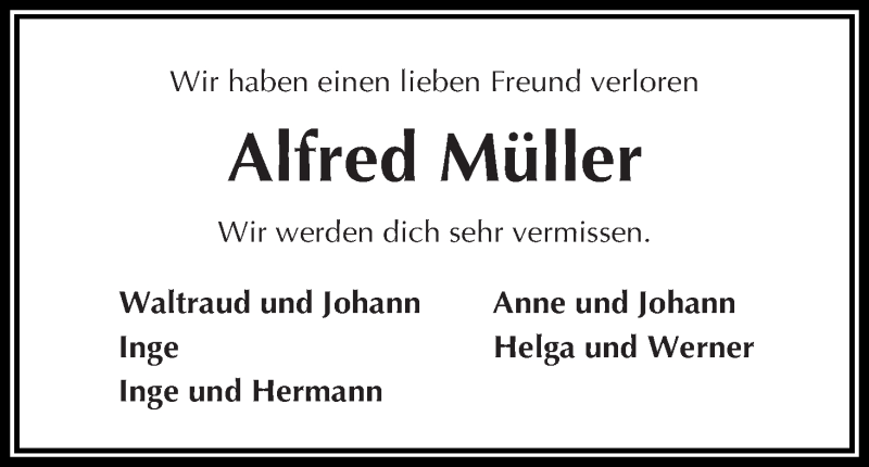  Traueranzeige für Alfred Müller vom 17.03.2018 aus Osterholzer Kreisblatt